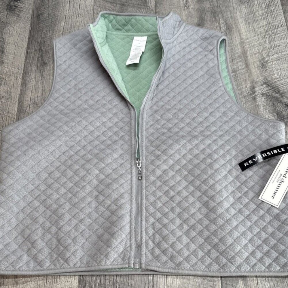 Alfred Fleece Vest Reversible Quilted Womens Large Petite Seafoam Green Zip NEW